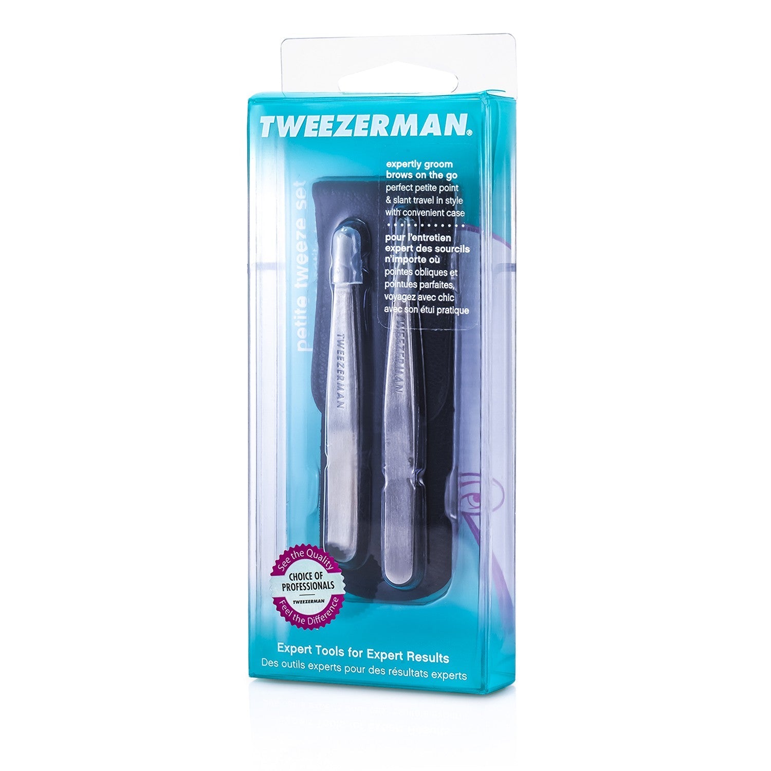 Tweezerman Petite Tweeze Set: Slant Tweezer + Point Tweezer - (Regency Finish w/ Silver Leather Case)  2pcs