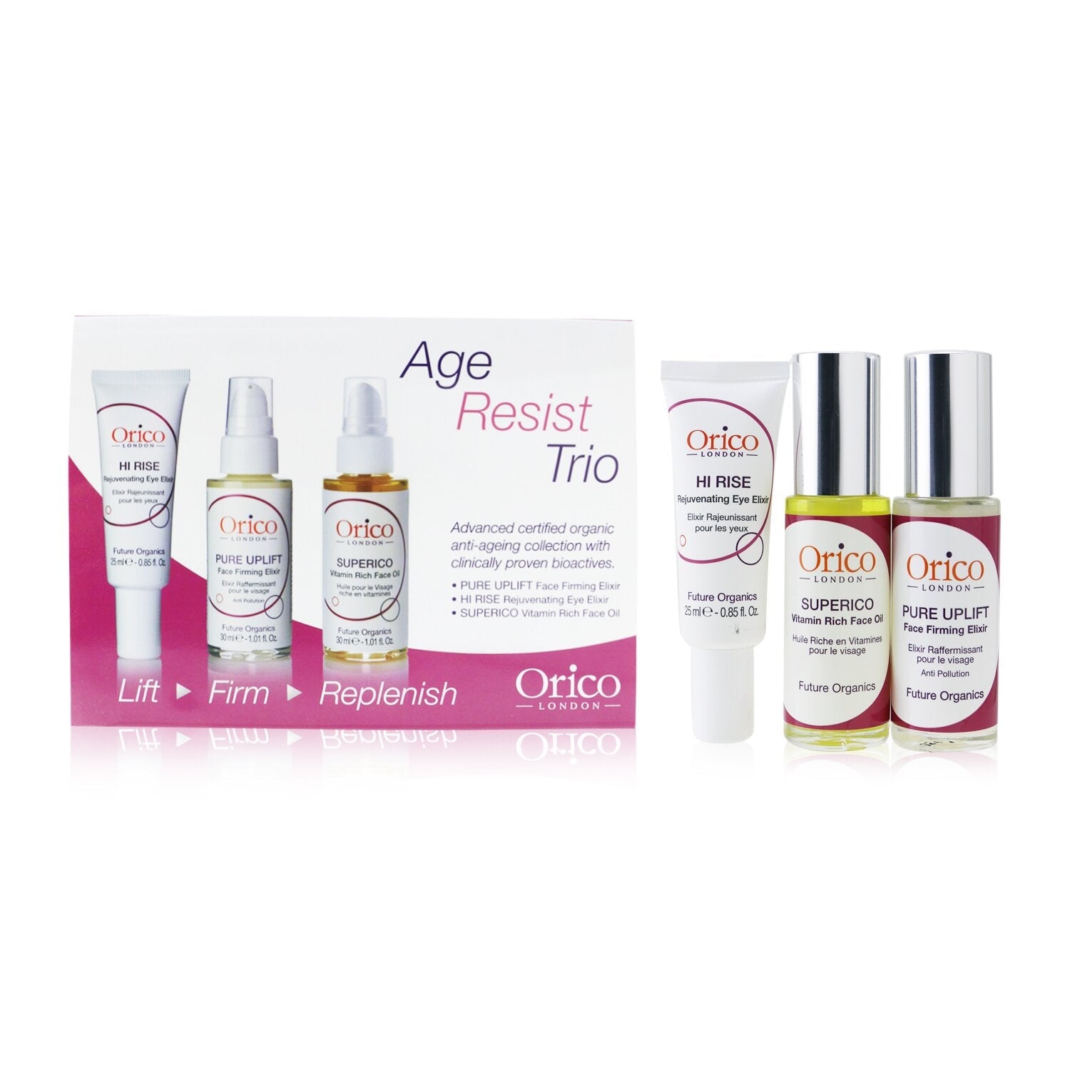 Orico London Age Resist Trio: Face Oil 30ml/1.01oz + Firming Elixir 30ml/1.01oz + Eye Elixir 25ml/0.85oz  3pcs