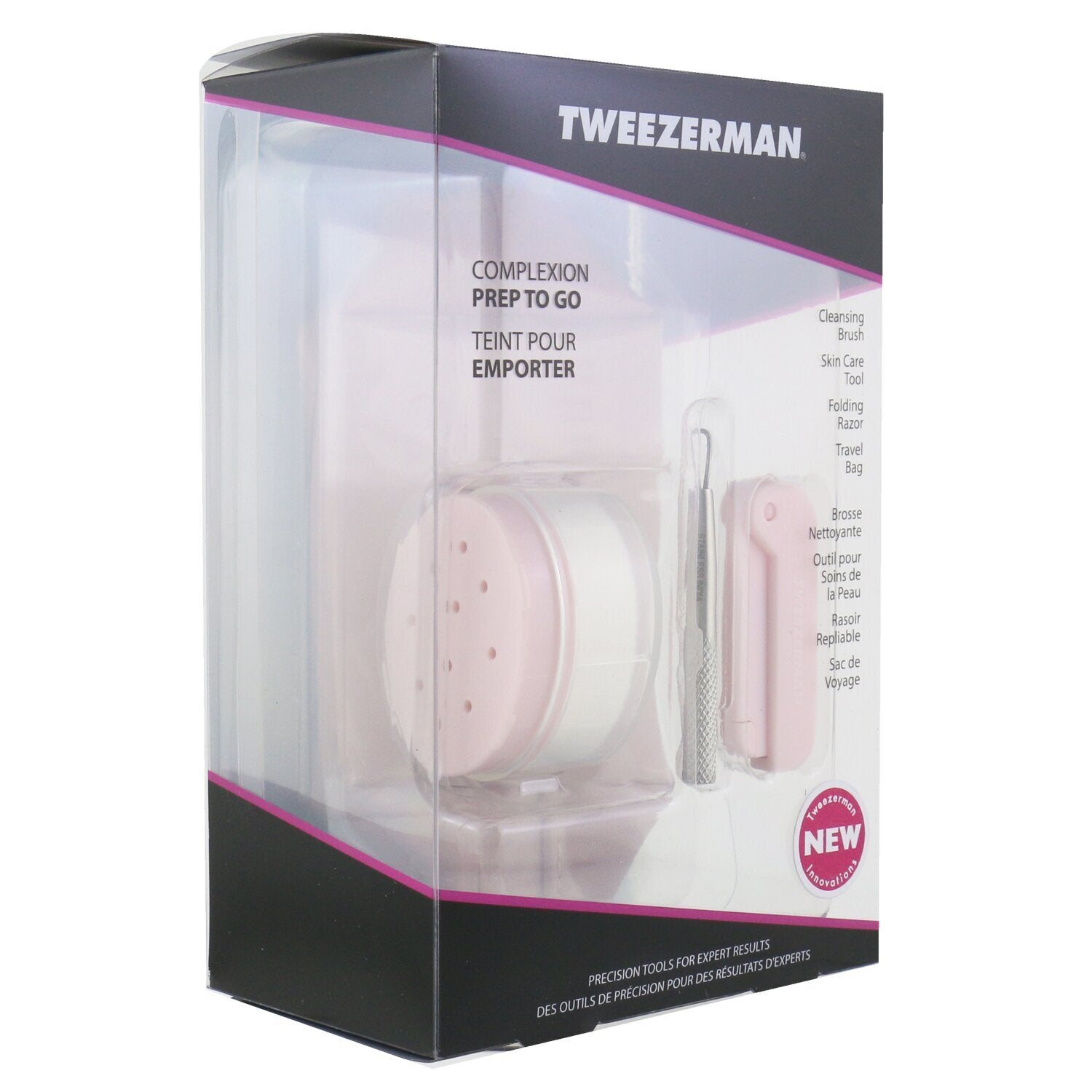 Tweezerman Complexion Prep To Go Set: Cleansing Brush + Skin Care Tool + Folding Razor + Travel Bag  3pcs + 1 Bag