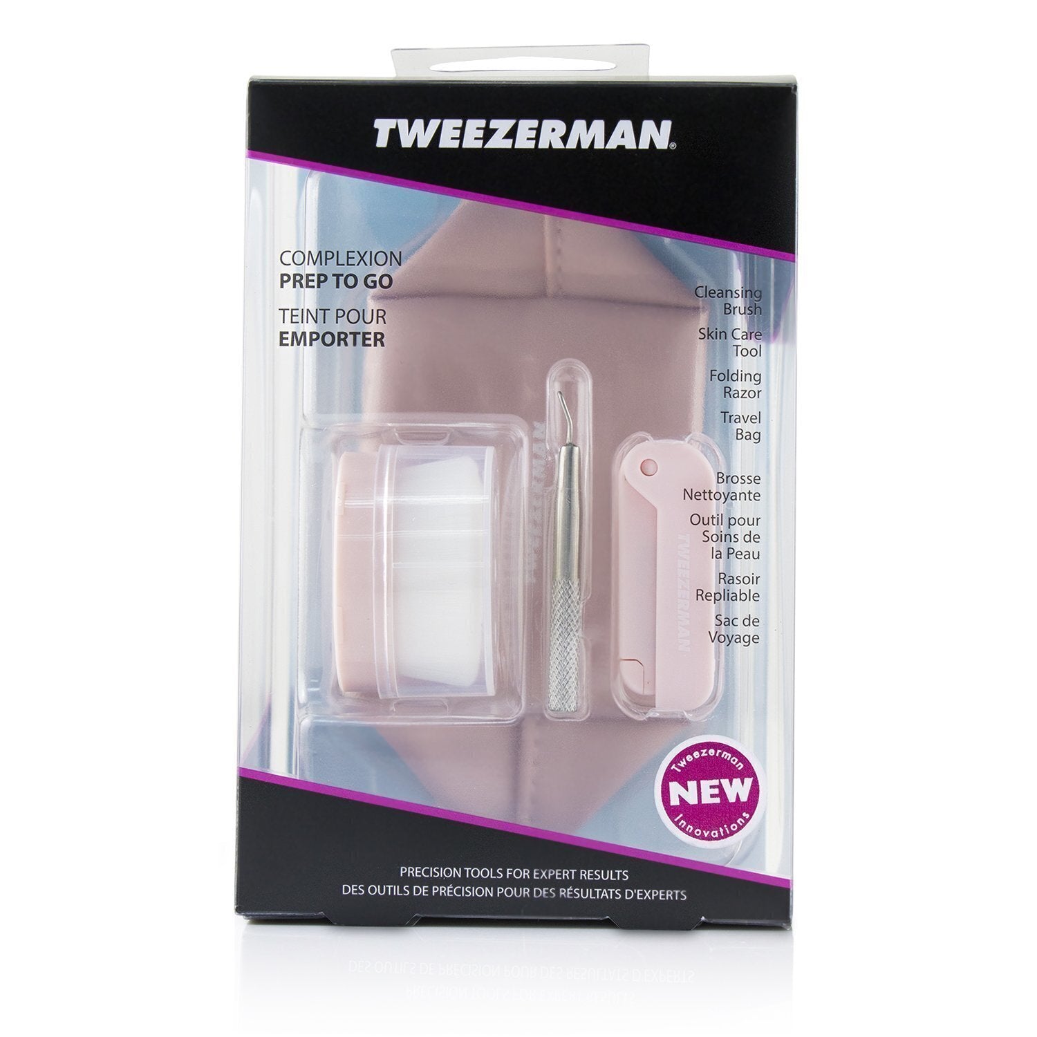 Tweezerman Complexion Prep To Go Set: Cleansing Brush + Skin Care Tool + Folding Razor + Travel Bag  3pcs + 1 Bag