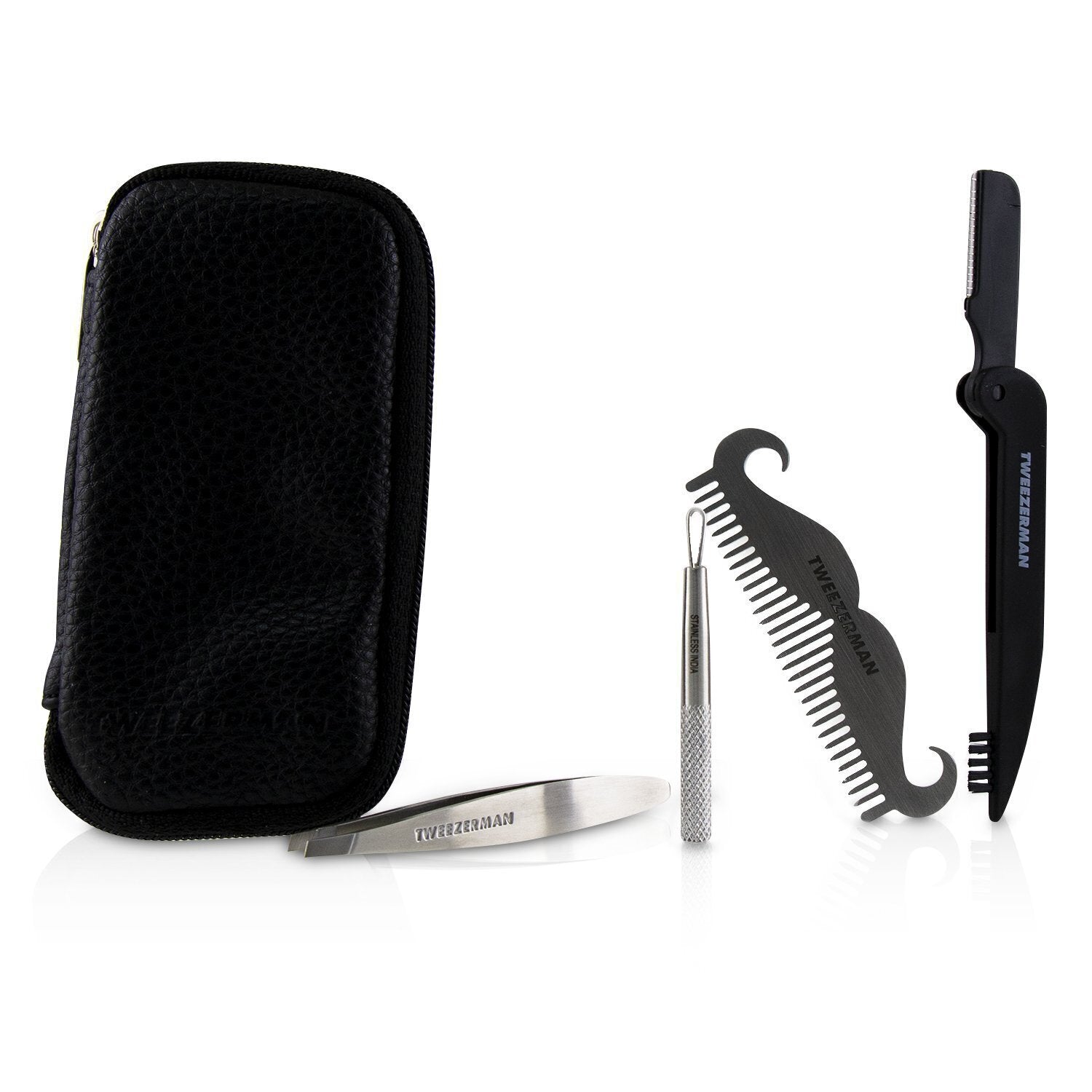 Tweezerman G.E.A.R. Travel Tool Essentials Set: Mini Slant Tweezer + Mini Skin Care Tool + Moustache Comb + Precision Folding Razor + Bag  4pcs+1 Bag