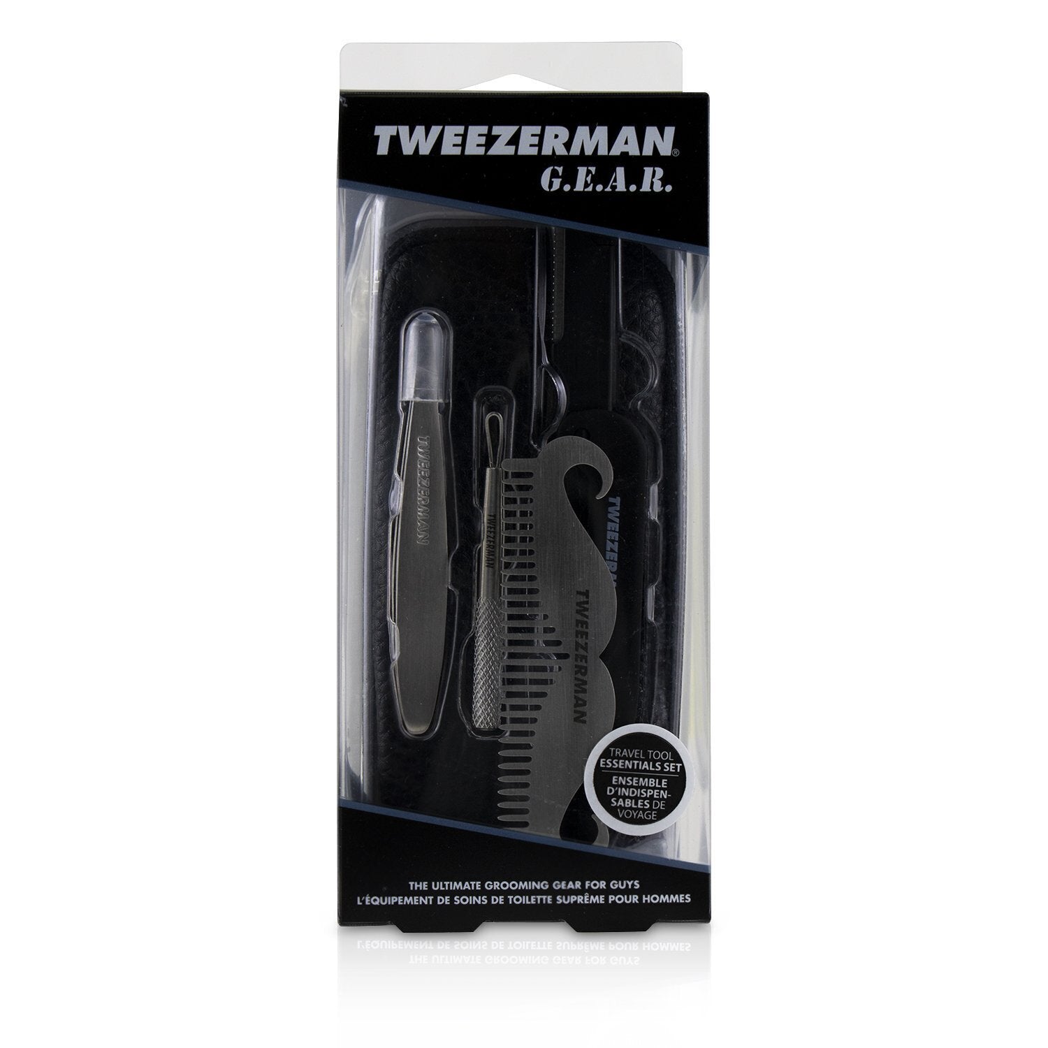 Tweezerman G.E.A.R. Travel Tool Essentials Set: Mini Slant Tweezer + Mini Skin Care Tool + Moustache Comb + Precision Folding Razor + Bag  4pcs+1 Bag