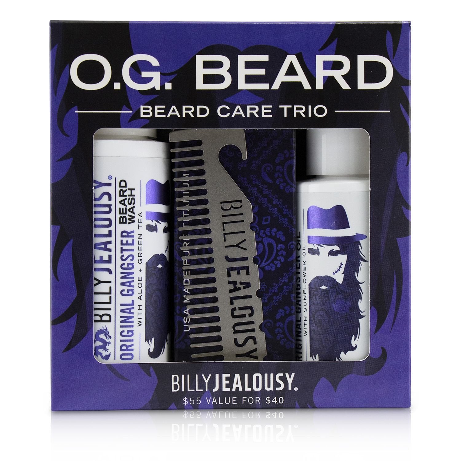 Billy Jealousy O.G. Beard Care Trio Set : 1x Beard Wash 60ml + 1x Beard Oil 60ml + 1x Titanium Comb  3pcs