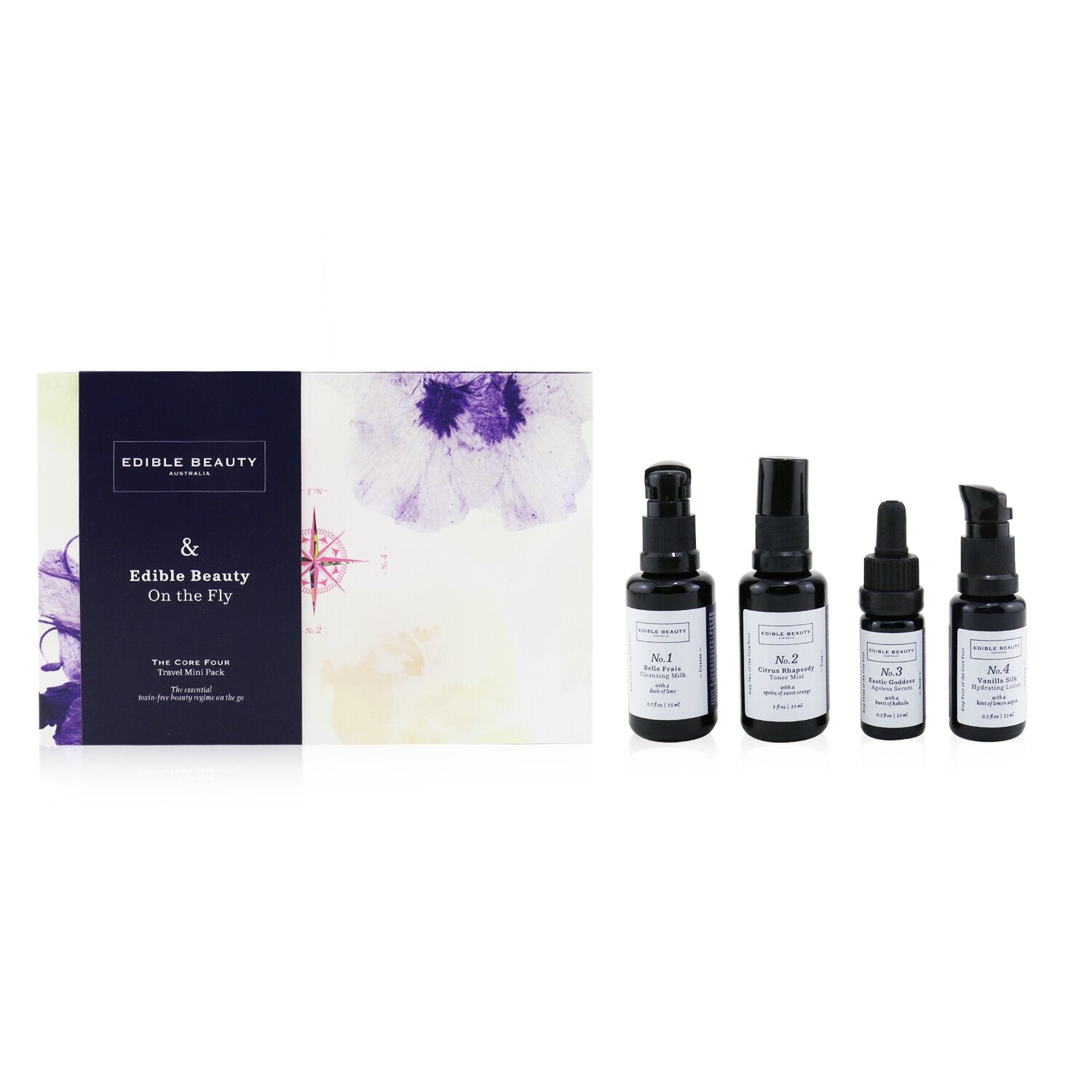 Edible Beauty & Edible Beauty On The Fly Travel Mini Kit: Cleansing Milk 15ml+ Toner Mist 30ml+ Ageless Serum 10ml+ Hydrating Lotion 15ml  4pcs