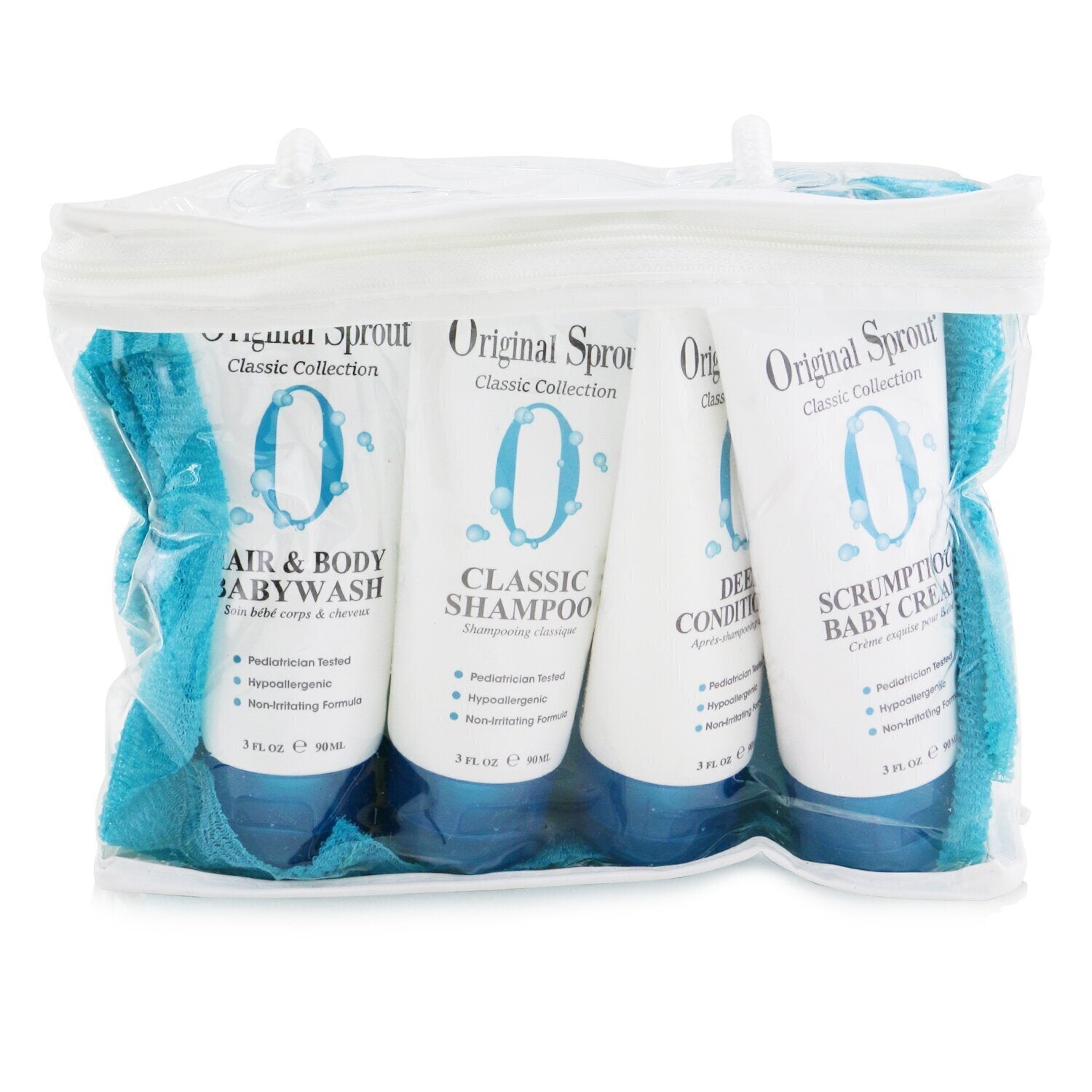 Original Sprout Classic Collection Deluxe Travel Kit: Shampoo 90ml + Conditioner 90ml + Baby Wash 90ml + Baby Cream 90ml + Washcloth 1pc  4pcs+1Washcloth