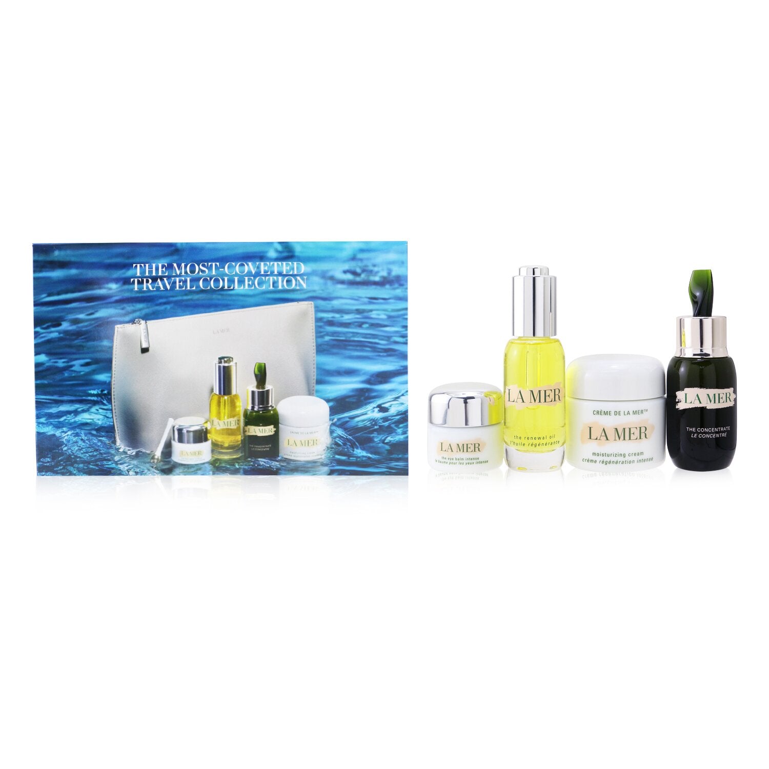 La Mer The Most-Covered Travel Collection: 1x The Concentrate - 30ml/1oz + 1x The Eye Balm Intense - 15ml/0.5oz + 1x The Renewal Oil - 30ml/1oz + 1x Cream De La Mer The Moisturizing Cream - 60ml/2oz + 1x Bag  4pcs+1bag