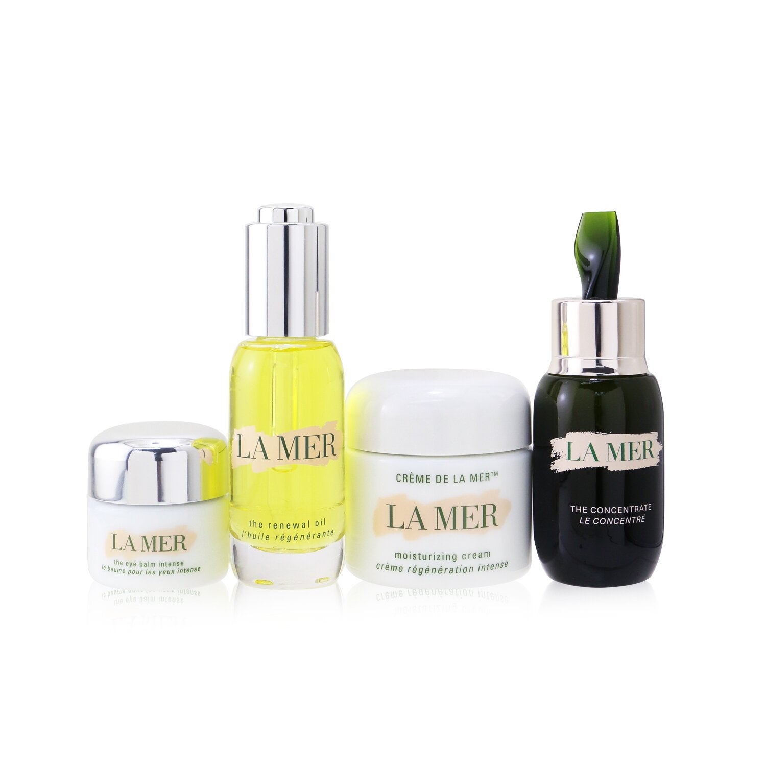 La Mer The Most-Covered Travel Collection: 1x The Concentrate - 30ml/1oz + 1x The Eye Balm Intense - 15ml/0.5oz + 1x The Renewal Oil - 30ml/1oz + 1x Cream De La Mer The Moisturizing Cream - 60ml/2oz + 1x Bag  4pcs+1bag