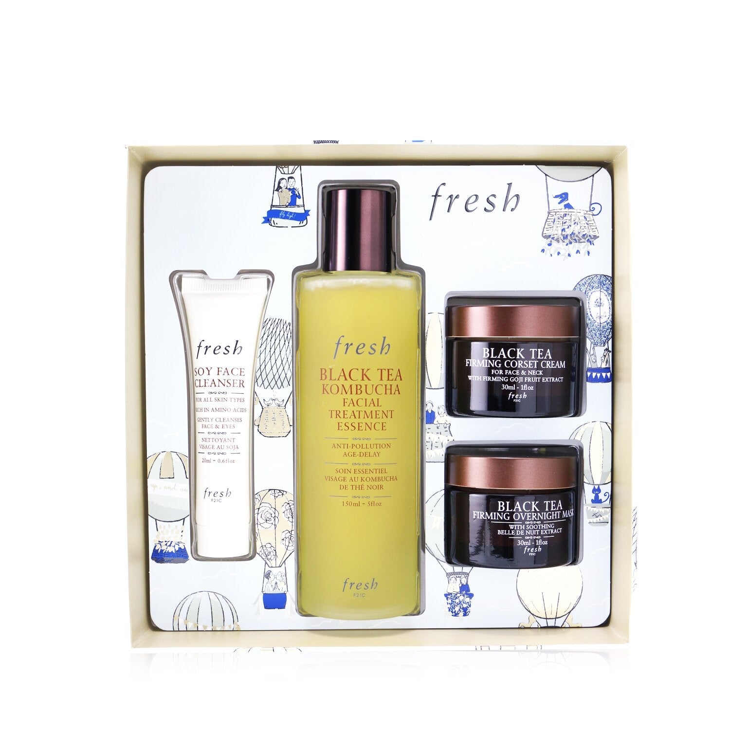 Fresh Black Tea Firming Beauty Bundle Set: Soy Face Cleanser - 20ml/0.6oz + Black Tea Kombucha Facial Treatment Essence - 150ml/5oz +  Black Tea Firming Overnight Mask - 30ml/1oz + Black Tea Firming Corset Cream - 30ml/1oz  4pcs