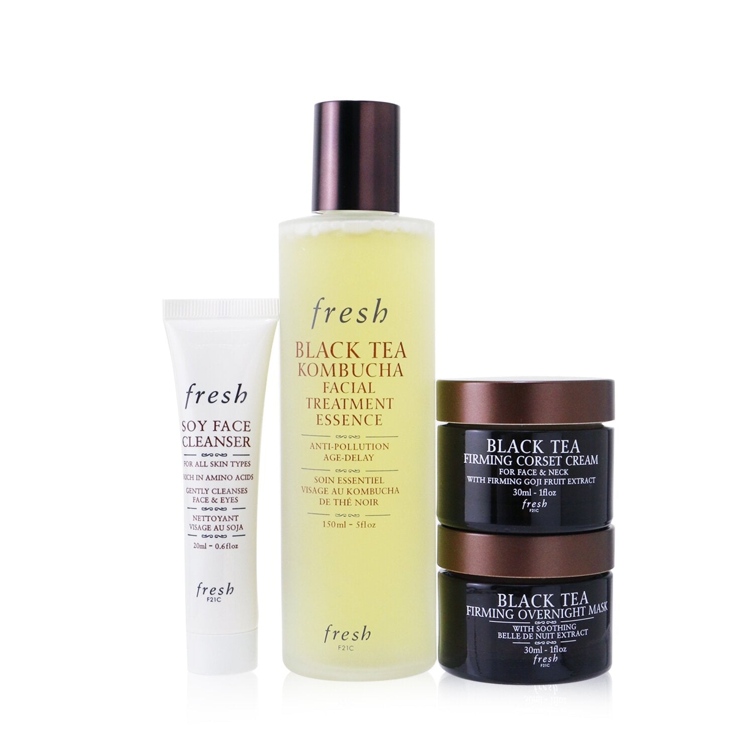 Fresh Black Tea Firming Beauty Bundle Set: Soy Face Cleanser - 20ml/0.6oz + Black Tea Kombucha Facial Treatment Essence - 150ml/5oz +  Black Tea Firming Overnight Mask - 30ml/1oz + Black Tea Firming Corset Cream - 30ml/1oz  4pcs