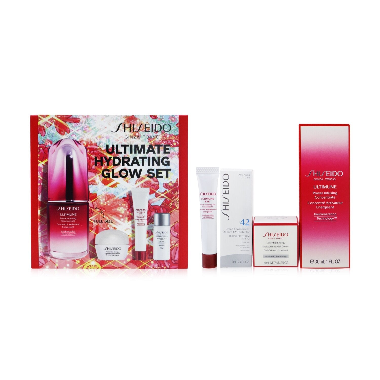 Shiseido Ultimate Hydrating Glow Set: Ultimune Power Infusing Concentrate 30ml + Moisturizing Gel Cream 10ml + Eye Concentrate 5ml + SPF 42 Sunscreen 7ml  4pcs