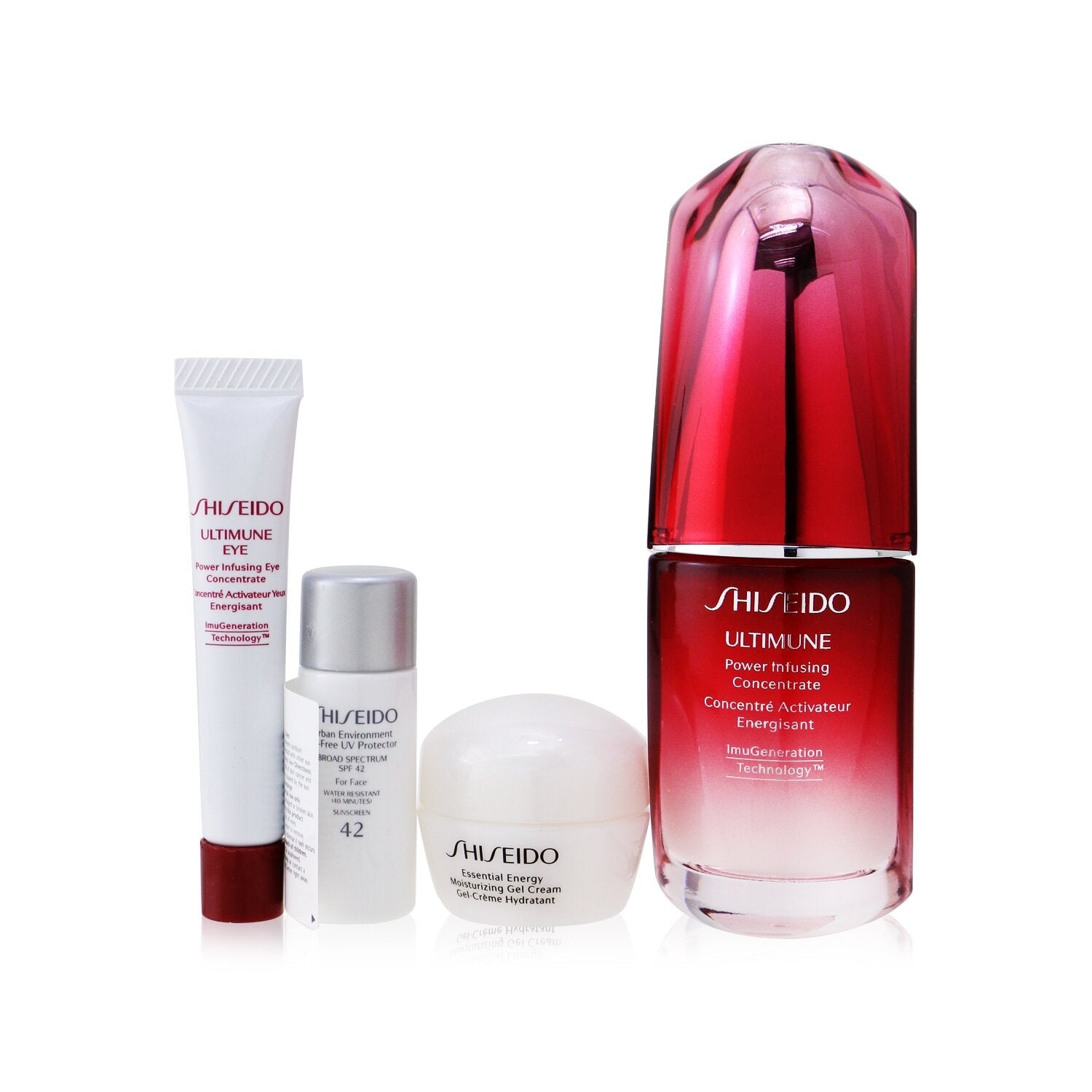 Shiseido Ultimate Hydrating Glow Set: Ultimune Power Infusing Concentrate 30ml + Moisturizing Gel Cream 10ml + Eye Concentrate 5ml + SPF 42 Sunscreen 7ml  4pcs