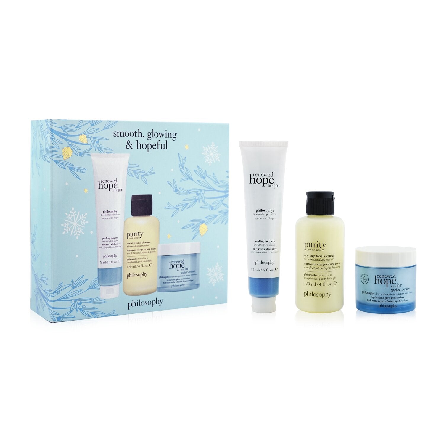 Philosophy Smooth, Glowing & Hopeful 3-Pieces Set: Renewed Hope In A Jar Peeling Mousse 75ml +  One-Step Facial Cleanser 120ml + Renewed Hope In A Jar Hyaluronic Glow Moisturizer 60ml  3pcs