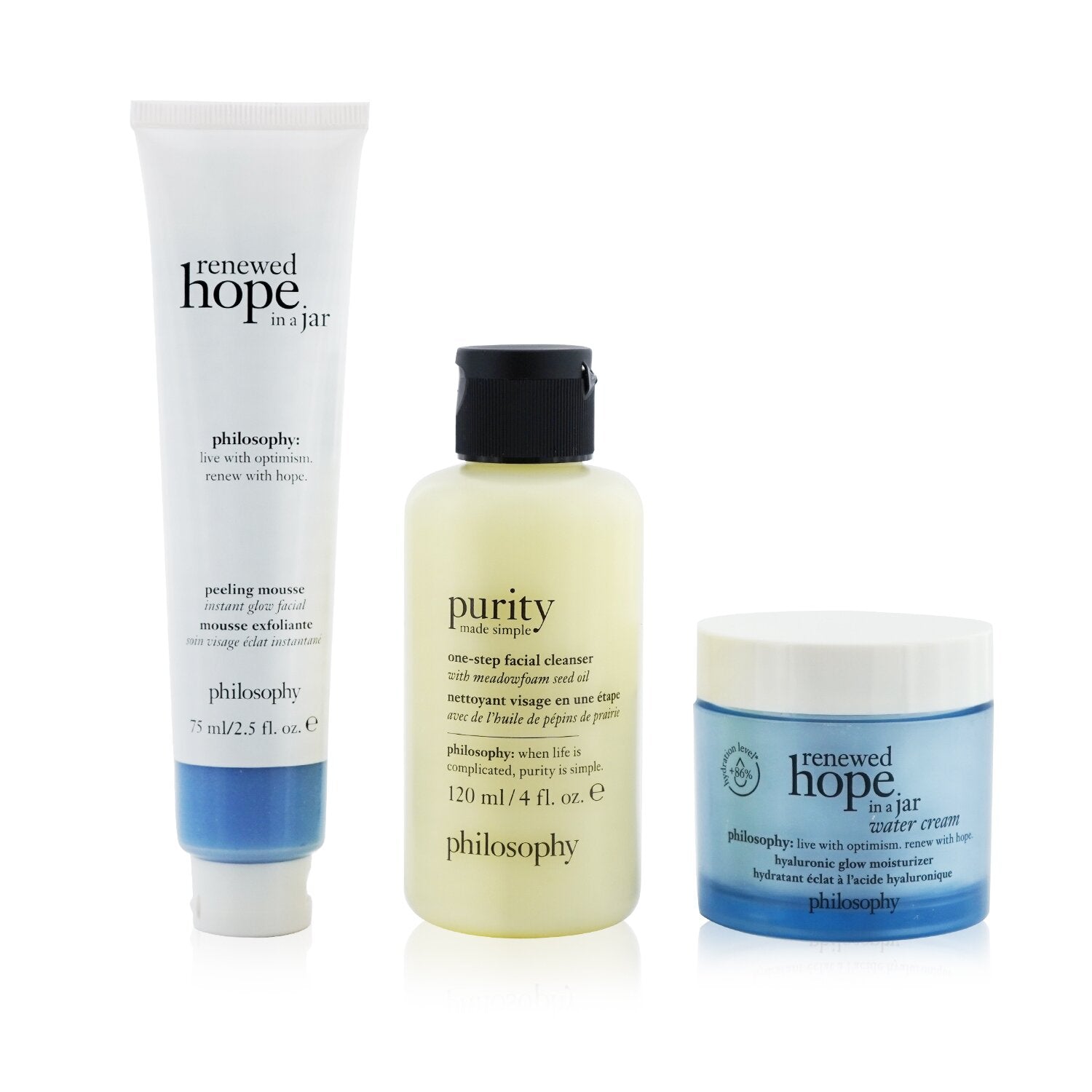 Philosophy Smooth, Glowing & Hopeful 3-Pieces Set: Renewed Hope In A Jar Peeling Mousse 75ml +  One-Step Facial Cleanser 120ml + Renewed Hope In A Jar Hyaluronic Glow Moisturizer 60ml  3pcs