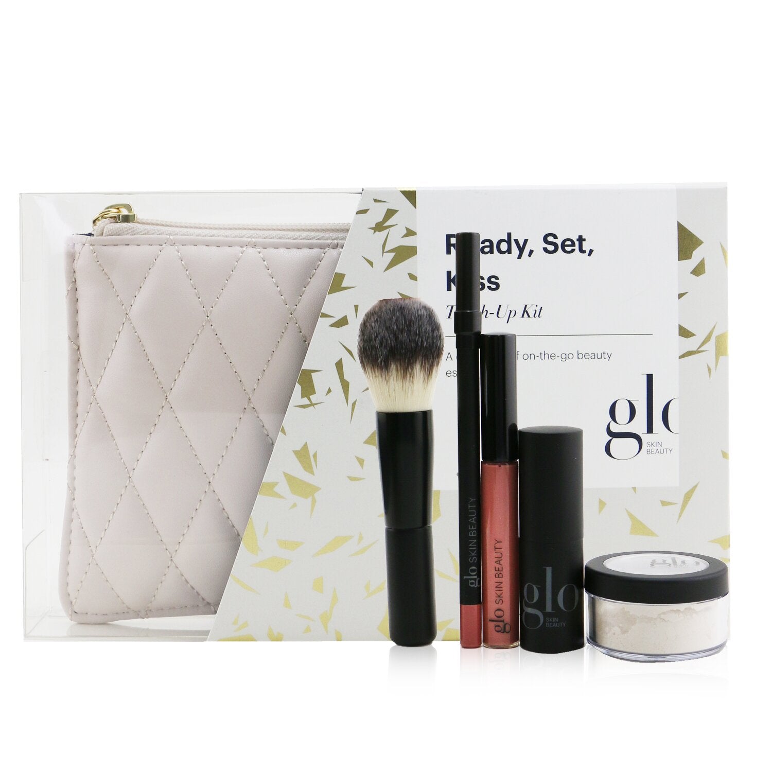 Glo Skin Beauty Ready, Set, Kiss Touch Up Kit (1x Mini Setting Powder, 1x Lip Pencil, 1x Lipstick, 1x Lip Gloss, 1x Brush)  5pcs+1bag