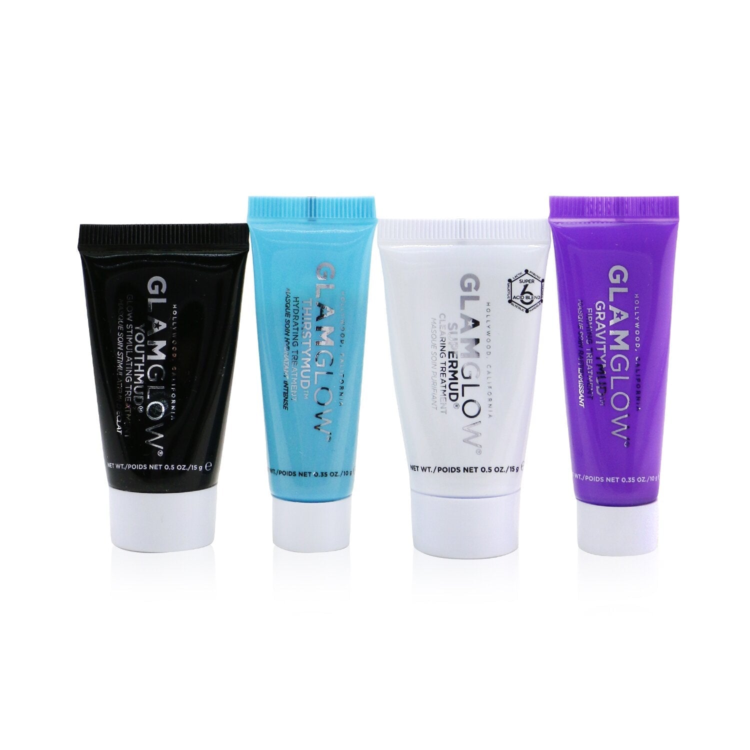 Glamglow Instant Celebrity Skin Masking Set: 1x Supermud Clearing Treatment - 15g/0.5oz + 1x Youthmud Glow Stimulating Treatment - 15g/0.5oz + 1x Thristymud Hydrating Treatment - 10g/0.35 + 1x Gravitymud Firming Treatment- 10g/0.35  4pcs