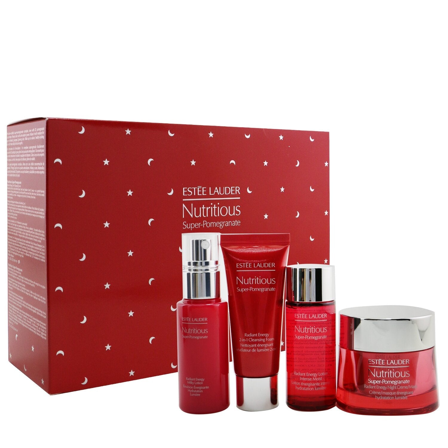 Estee Lauder Nutritious Super-Pomegranate Nourish All Night Set: Night Creme+ Milky Lotion+ Lotion Intense Moist+ Cleansing Form...  4pcs+2bags