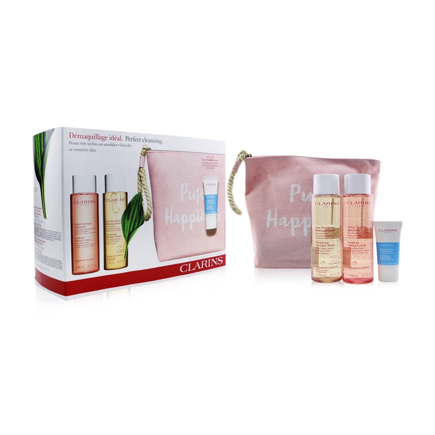 Clarins Perfect Cleansing Set (Very Dry or Sensitive Skin): Micellar Water 200ml+ Toning Lotion 200ml+ Fresh Scrub 15ml+ Bag  3pcs+1bag