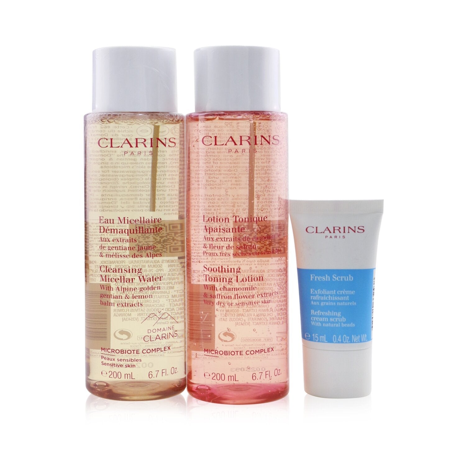 Clarins Perfect Cleansing Set (Very Dry or Sensitive Skin): Micellar Water 200ml+ Toning Lotion 200ml+ Fresh Scrub 15ml+ Bag  3pcs+1bag