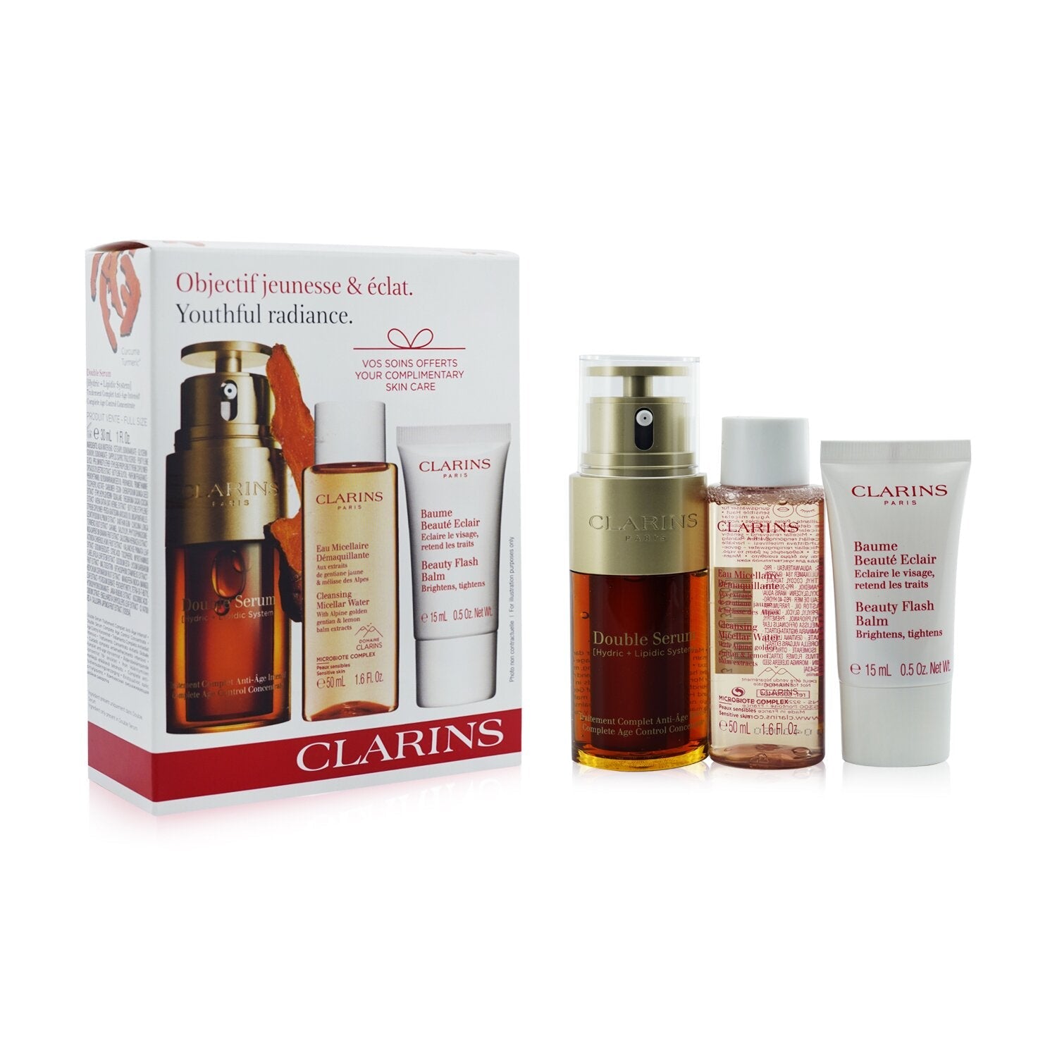 Clarins Youthful Radiance Set: Double Serum 30ml+ Cleansing Micellar Water 50ml+ Beauty Flash Balm 15ml  3pcs