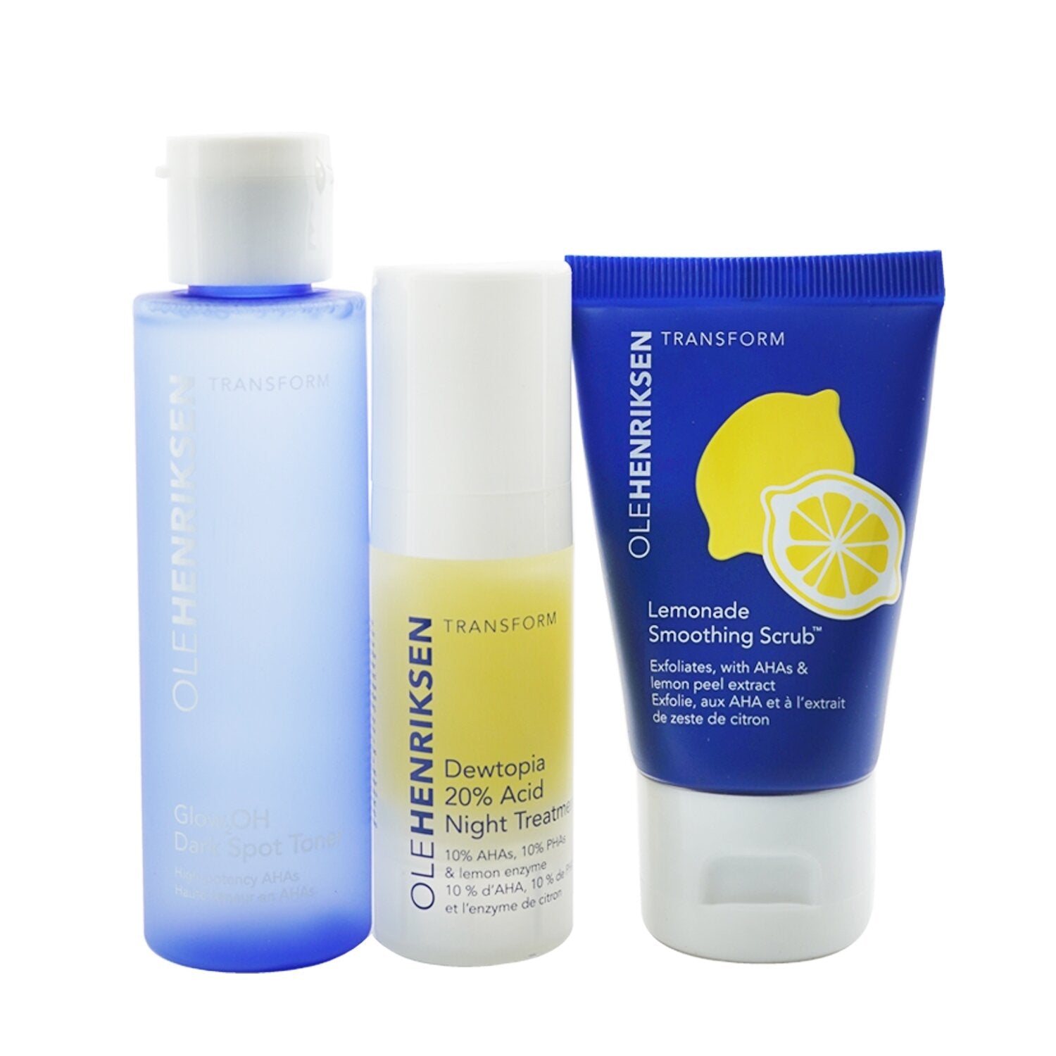 Ole Henriksen Acids Done Bright Set: Lemonade Smoothing Scrub 30g + Glow2OH Dark Spot Toner 65ml + Dewtopia 20% Acid Night Treatment 15ml  3pc