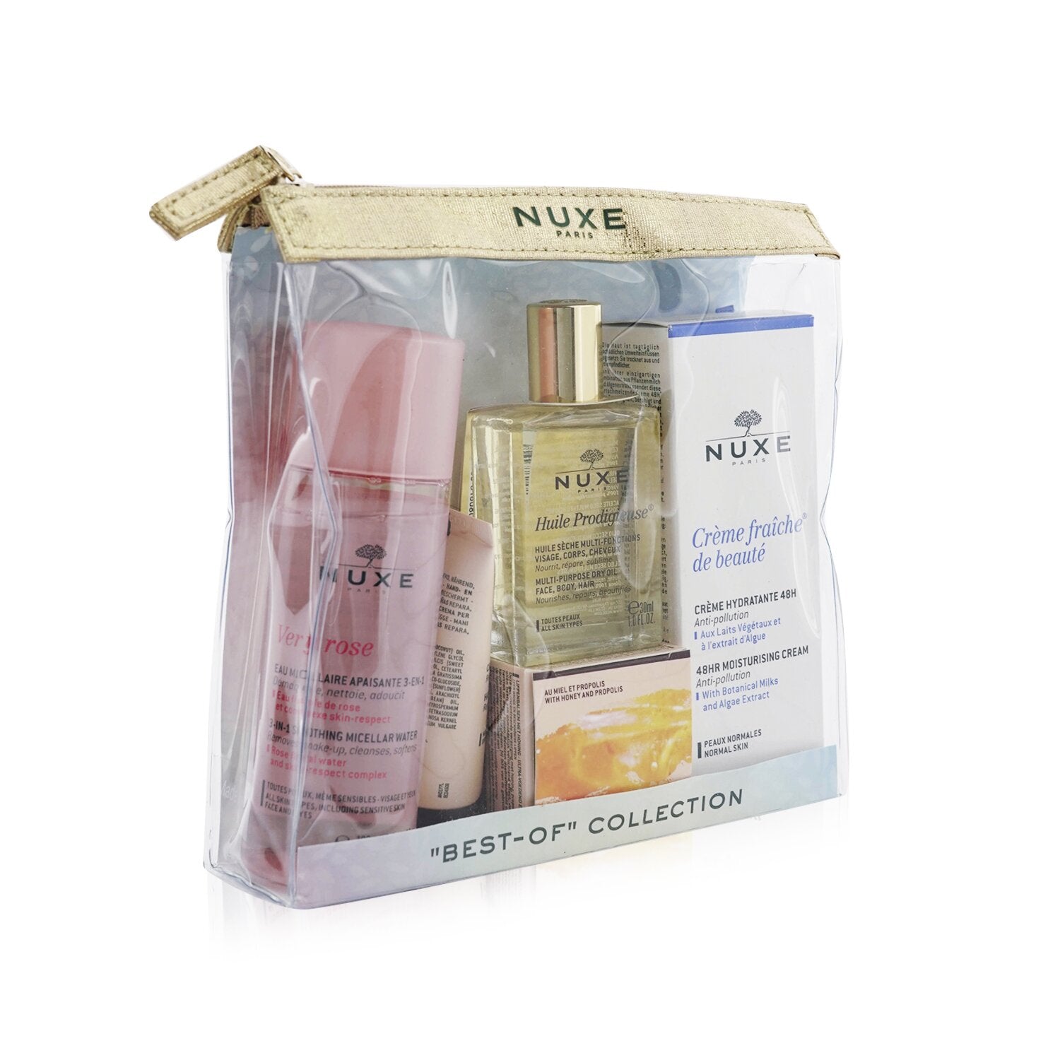 Nuxe "Best-Of" Collection: Very Rose Micellar Water+Reve De Miel Hand & Nail Cream+Huile Prodigieuse Multi-Purpose Dry Oil+Reve De Miel Honey Lip Balm+Creme Fraiche De Beaute 48HR Moisturising Cream  5pcs