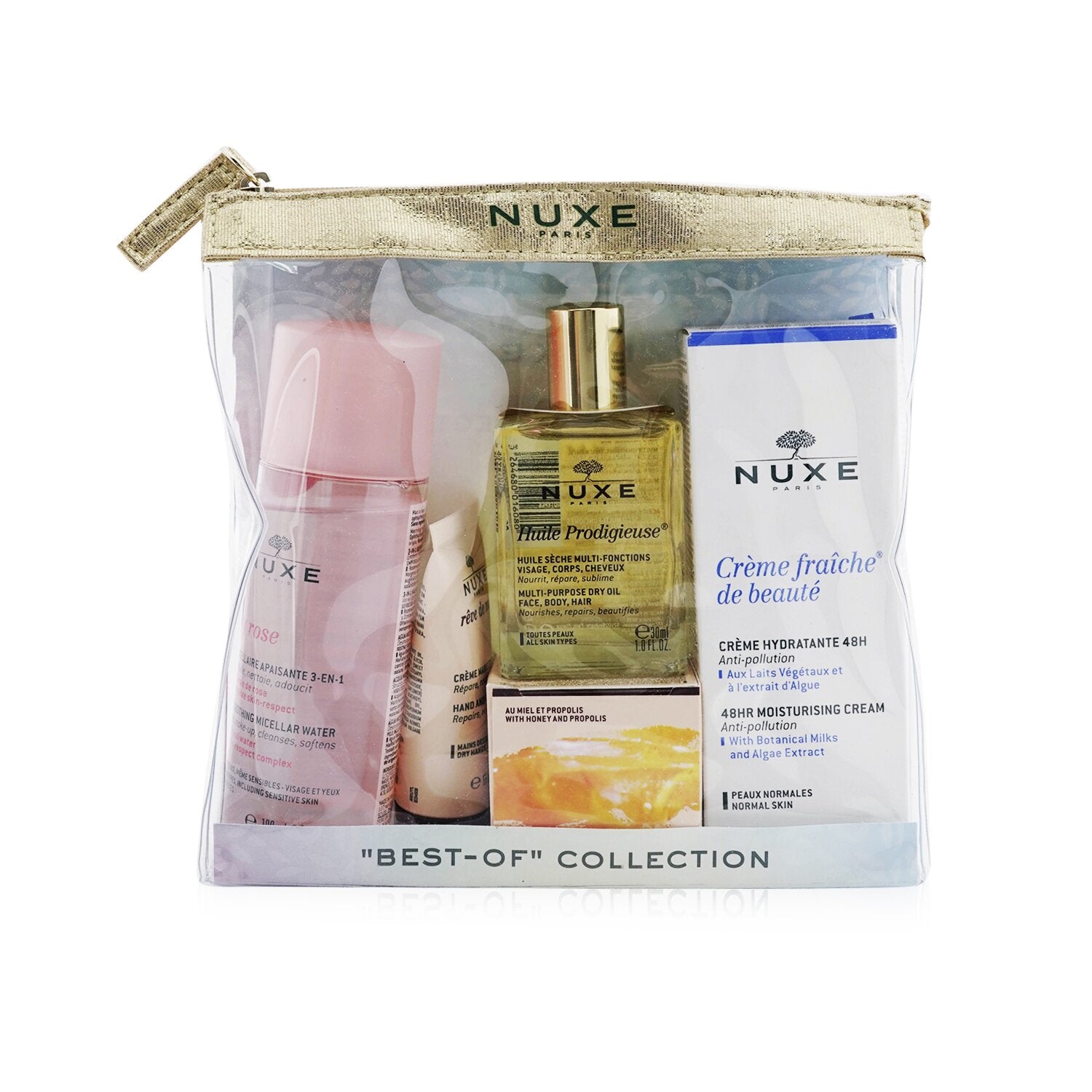 Nuxe "Best-Of" Collection: Very Rose Micellar Water+Reve De Miel Hand & Nail Cream+Huile Prodigieuse Multi-Purpose Dry Oil+Reve De Miel Honey Lip Balm+Creme Fraiche De Beaute 48HR Moisturising Cream  5pcs