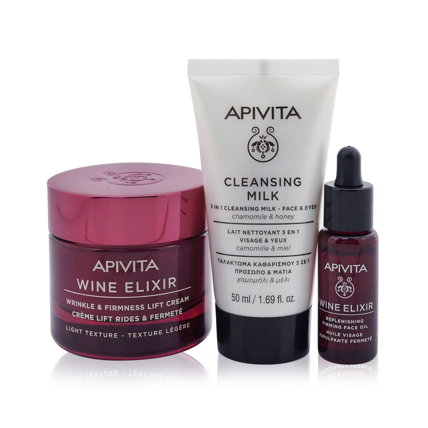 Apivita Di-Vine Beauty (Wine Elixir- Light Texture) Gift Set: Wrinkle Lift Cream 50ml+ Face Oil 10ml+ Cleansing Milk 50ml+Pouch  3pcs+1pouch