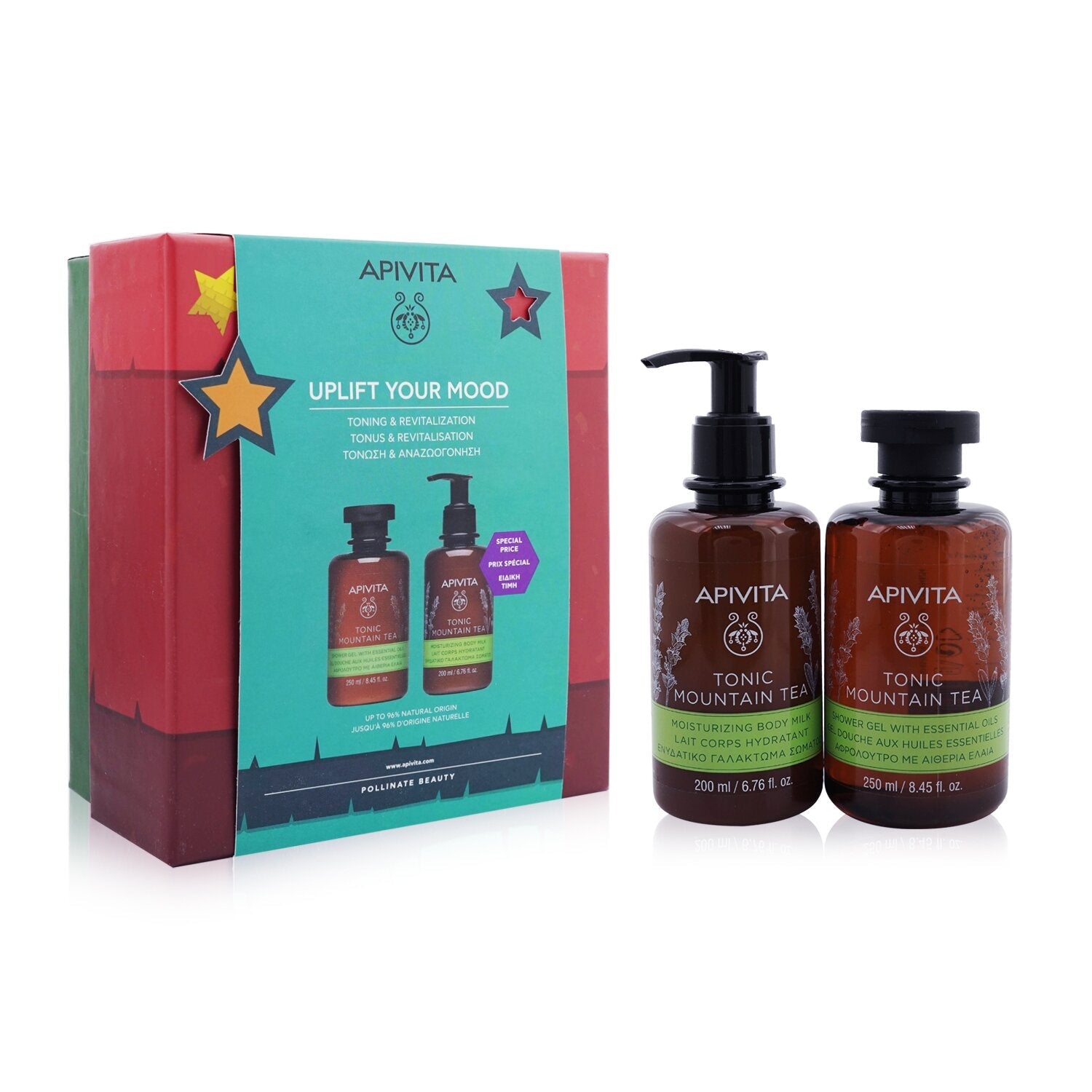 Apivita Uplift Your Mood Toning & Revitalization Set: Tonic Mountain Tea Shower Gel 250ml+ Tonic Mountain Tea Body Milk  2pcs