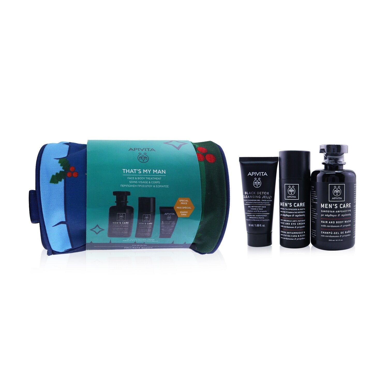 Apivita That's My Man Face & Body Treatment Set: Hair & Body Wash 250ml + Face & Eye Cream 50ml + Black Cleansing Gel 50ml  3pcs