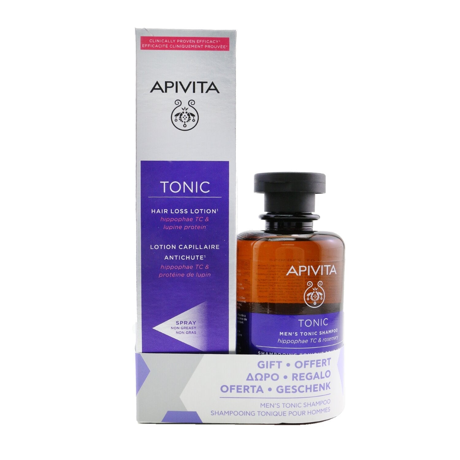 Apivita Hair Loss Lotion with Hippophae TC & Lupine Protein 150ml (Free: Men's Tonic Shampoo with Hippophae TC & Rosemary - For Thinning Hair 250ml)  2pcs