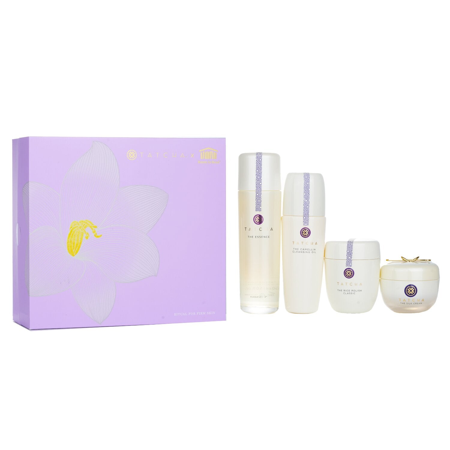 Tatcha Ritual For Firm Skin Set: Camellia Cleansing Oil 150ml + Essence 150ml + Silk Cream 50ml + Rice Polish 60g  4pcs