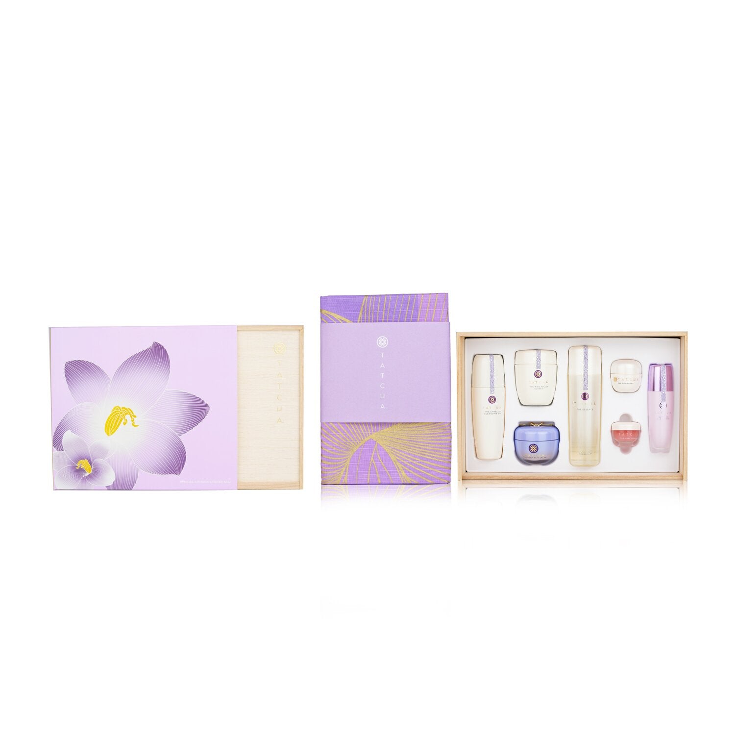 Tatcha Special Edition Luxury Kiri Set: The Camellia Cleansing Oil, The Rice Polish, The Essence, The Dewy Skin Cream, The Silk Peony, The Kissu Lip Mask, The Liquid Silk Canvas  5pcs