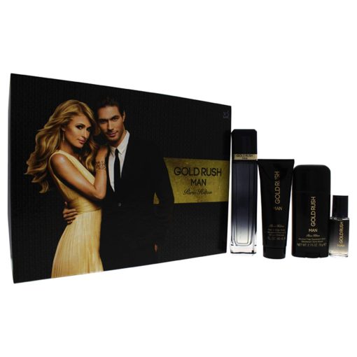 Gold Rush Man by Paris Hilton for Men - 4 Pc Gift Set 3.4oz EDT Spray, 0.5oz EDT Spray, 3.0oz Hair Body Wash, 2.75oz Alcohol Free Deodorant Stick