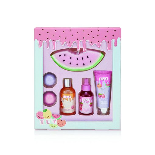 Fruity Blockbuster Set by Tilly for Women - 6 Pc 120ml Bubble Bath, 100ml Body Mist Cherry, 100ml Hand Lotion, 2 x 50g Bath Fizzer, Watermelon Sponge