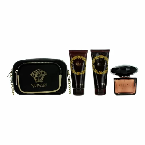 Versace Crystal Noir By Versace, 4 Piece Gift Set For Women With Purse